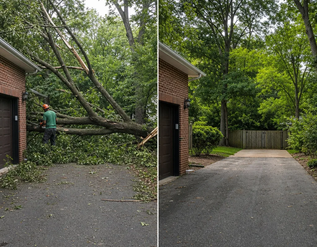 Before-and-after view showing a storm-fallen tree blocking a driveway and then cleared access with debris hauled away