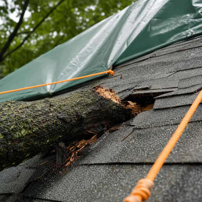 A fallen limb puncturing shingles with protective tarping and rigging lines set for insurance damage documentation
