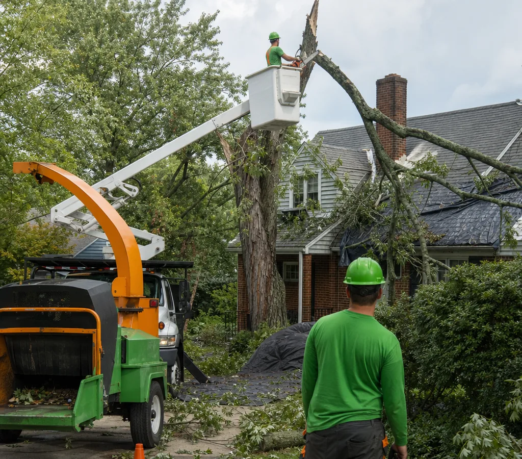 A Baltimore crew removing a storm-damaged tree from a residential yard with a bucket truck and chipper while protecting the home and driveway
