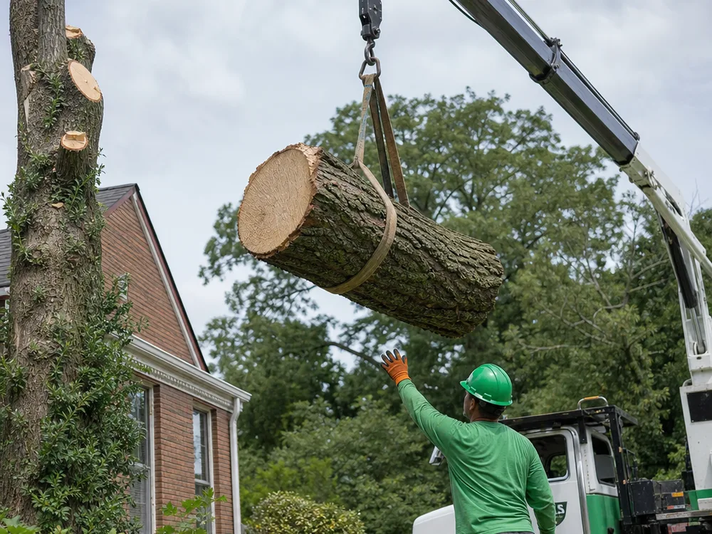A boom truck lifting a large trunk section safely away from a structure while a spotter guides the load