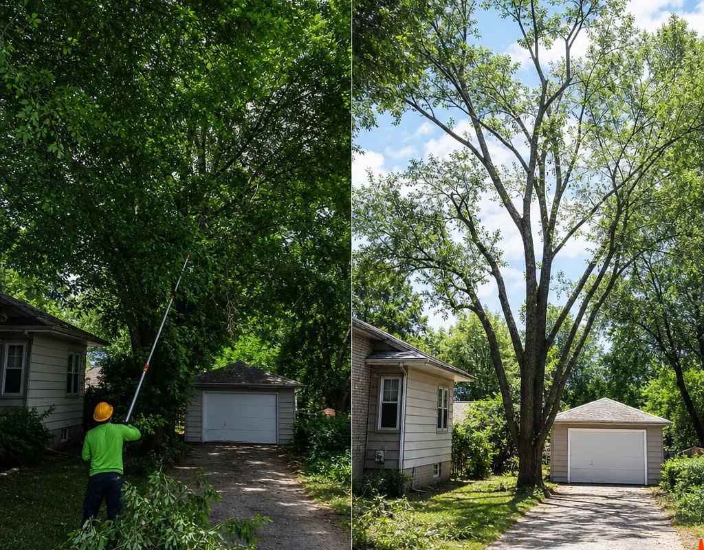 Before-and-after pair showing a crowded backyard tree canopy trimmed for roof and driveway clearance, with the same viewpoint for both images