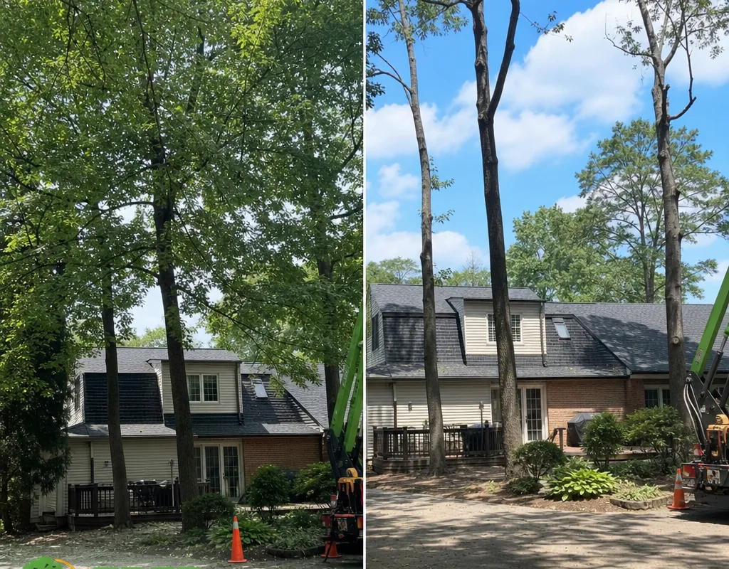 Before-and-after pair showing a crowded backyard tree canopy trimmed for roof and driveway clearance, with the same viewpoint for both images