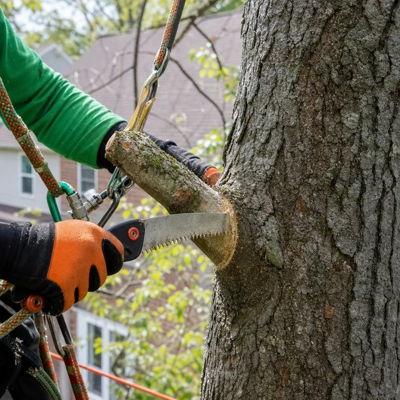 Close-up of an arborist making a proper pruning cut just outside the branch collar while tied-in with a climbing line, with a house roofline visible in the background