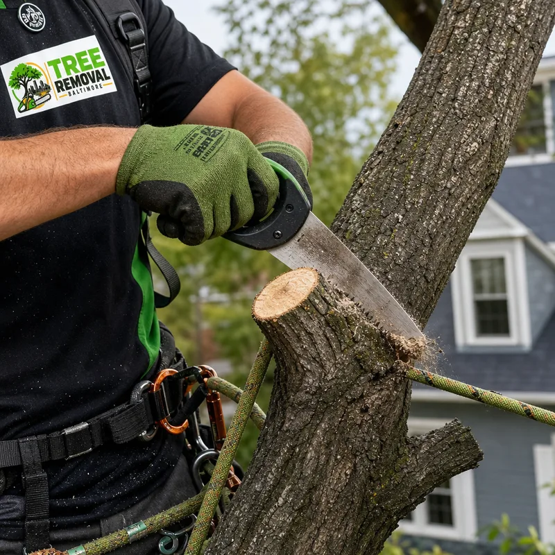 Close-up of an arborist making a proper pruning cut just outside the branch collar while tied-in with a climbing line, with a house roofline visible in the background