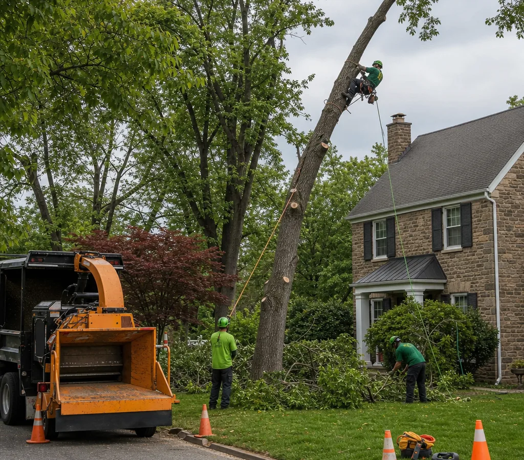 Crew performing a controlled tree removal in a Baltimore County residential yard with rigging lines and a chipper staged neatly at the curb