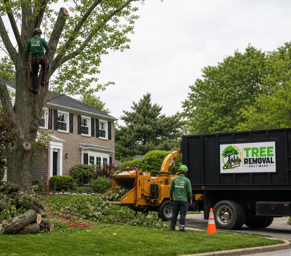 Crew performing a controlled tree removal in a Baltimore County residential yard with rigging lines and a chipper staged neatly at the curb