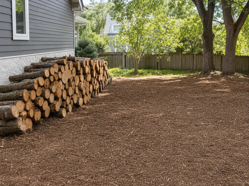 Neatly stacked logs and a fully cleaned yard after tree removal, with chips contained and the work area raked