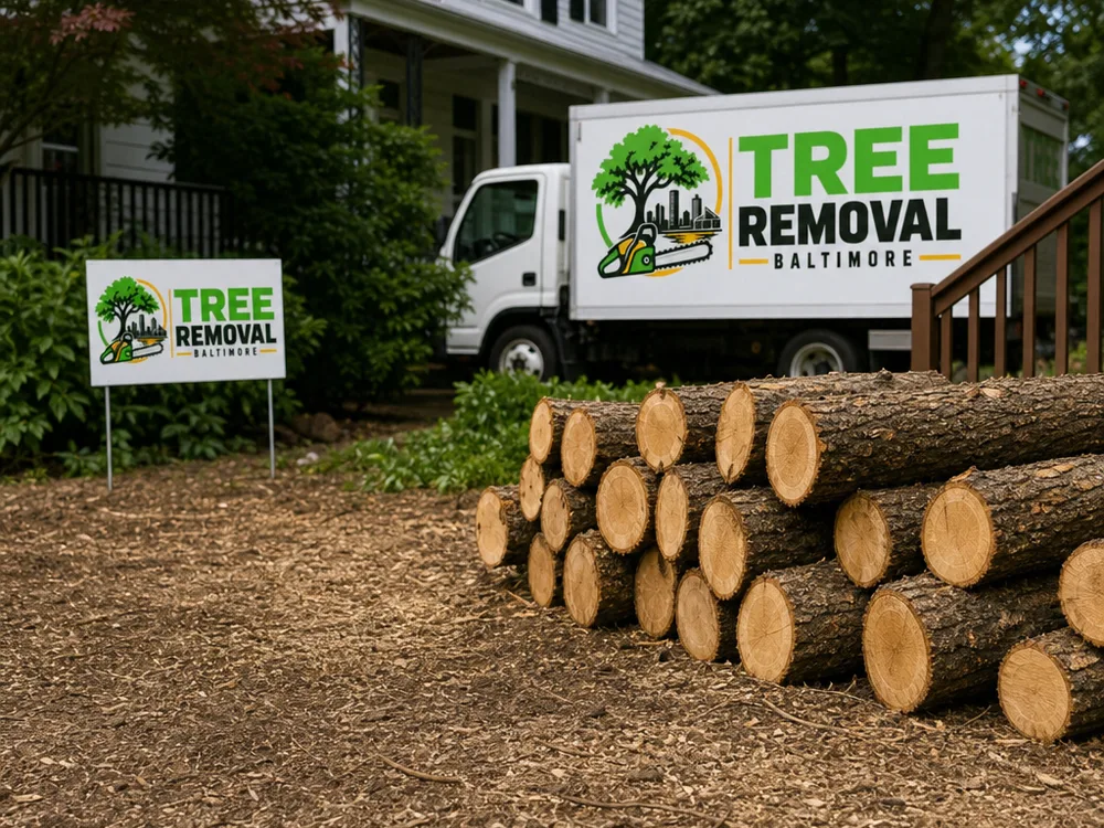 Neatly stacked logs and a fully cleaned yard after tree removal, with chips contained and the work area raked