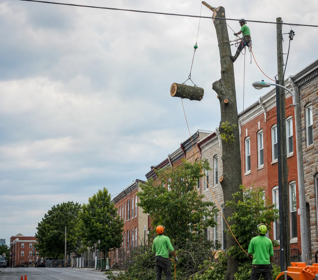 Crew performing a controlled tree removal with ropes and rigging near a Baltimore rowhome and overhead lines