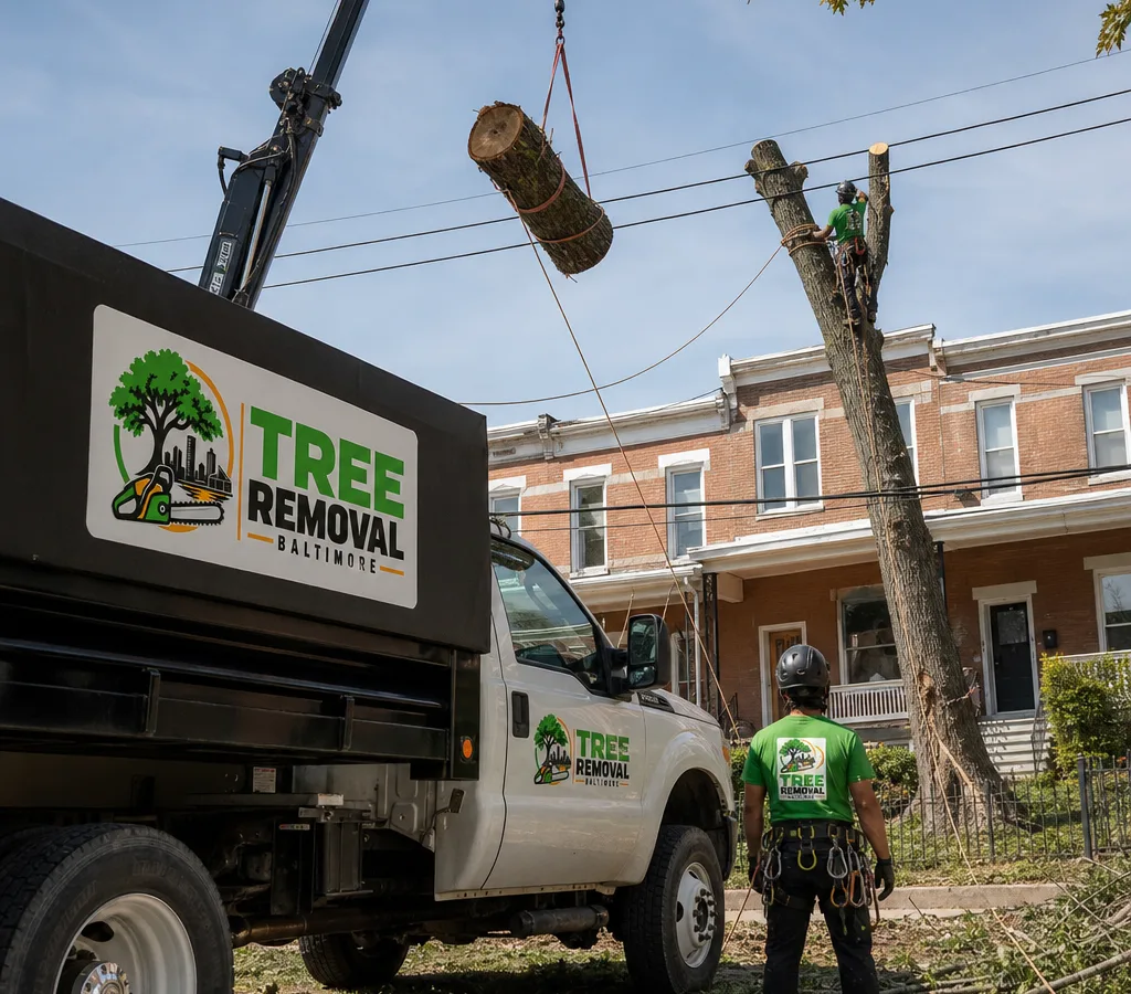 Crew performing a controlled tree removal with ropes and rigging near a Baltimore rowhome and overhead lines