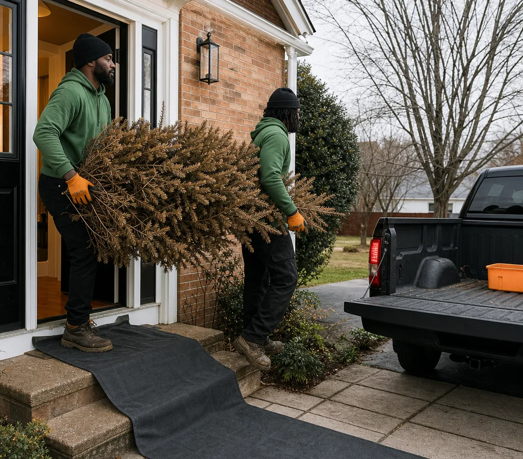 Crew carrying a dried natural Christmas tree out of a Baltimore County home to a pickup vehicle, with floor protection at the doorway and a clean entryway visible