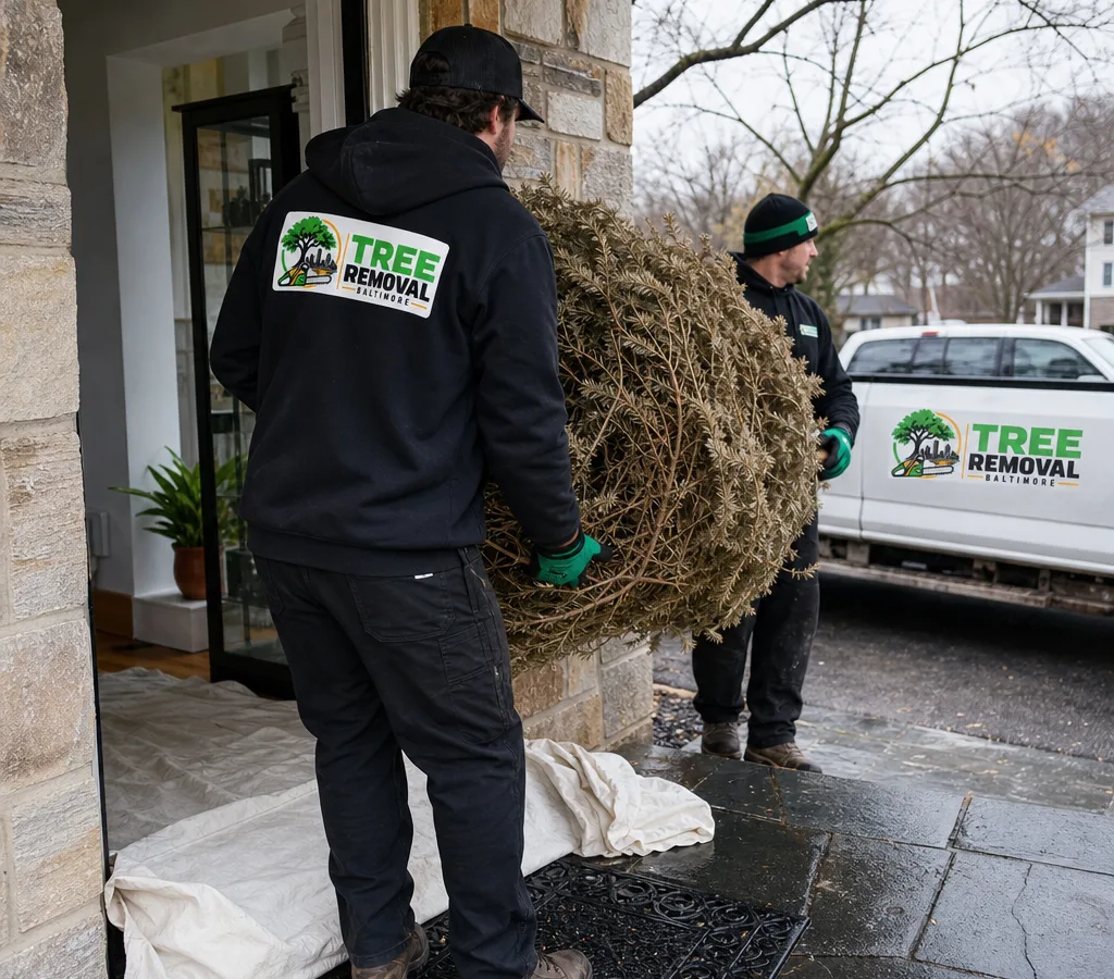 Crew carrying a dried natural Christmas tree out of a Baltimore County home to a pickup vehicle, with floor protection at the doorway and a clean entryway visible