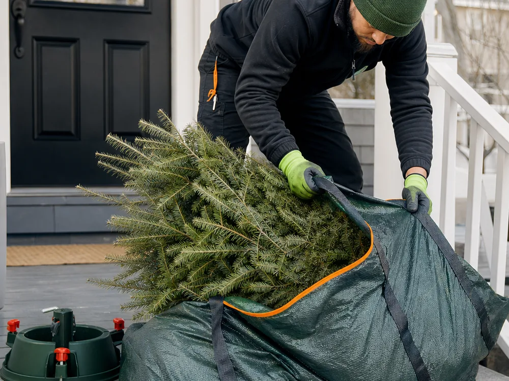 Close-up of a natural Christmas tree being placed into a heavy-duty tree disposal bag on a front porch, with needles contained and a removed tree stand set aside