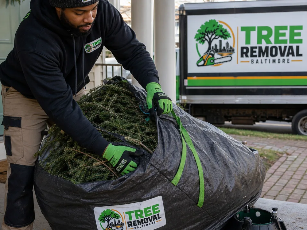 Close-up of a natural Christmas tree being placed into a heavy-duty tree disposal bag on a front porch, with needles contained and a removed tree stand set aside
