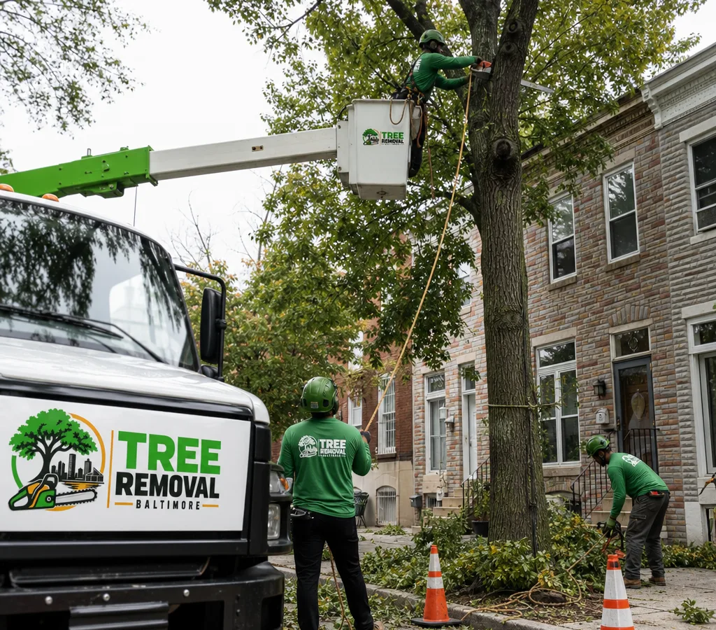 An arborist crew working in a Baltimore residential street, using helmets, ropes, and a bucket truck to prune a large shade tree while protecting a rowhouse and sidewalk.