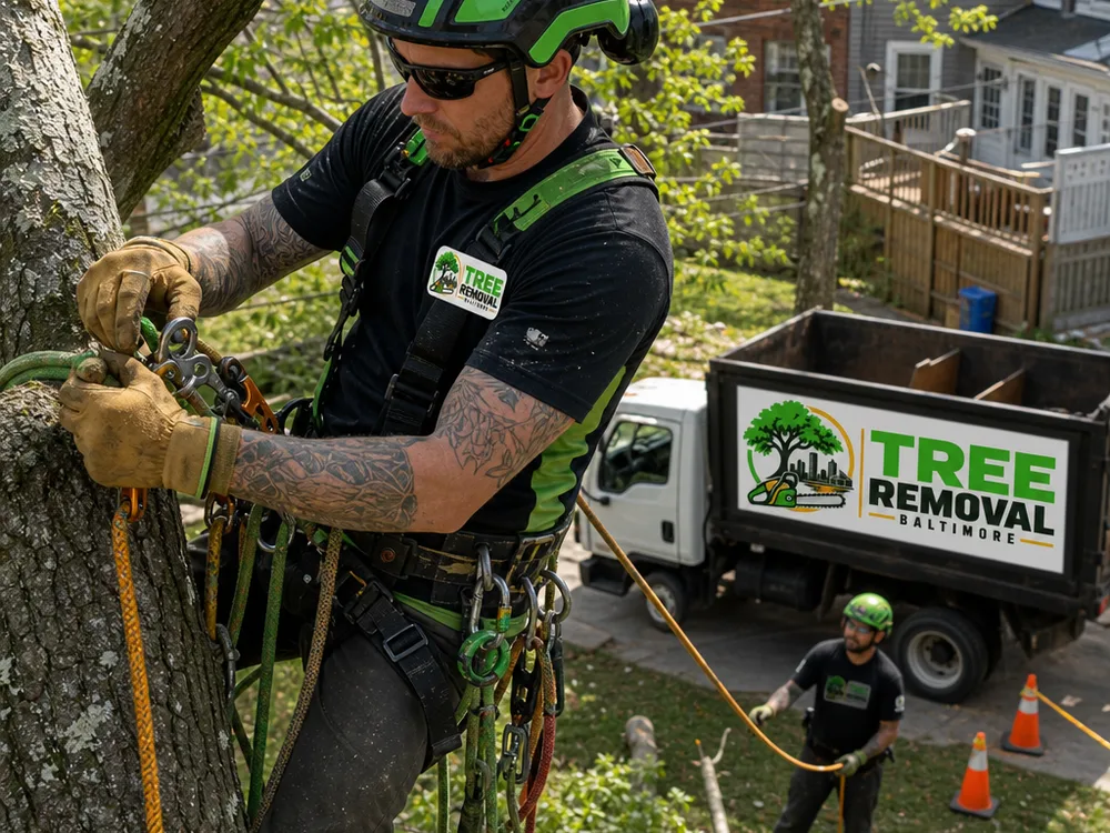 Close-up of a climber arborist in a harness setting rigging lines in a large tree above a Baltimore backyard, with a ground worker managing ropes and a designated landing zone marked with cones.