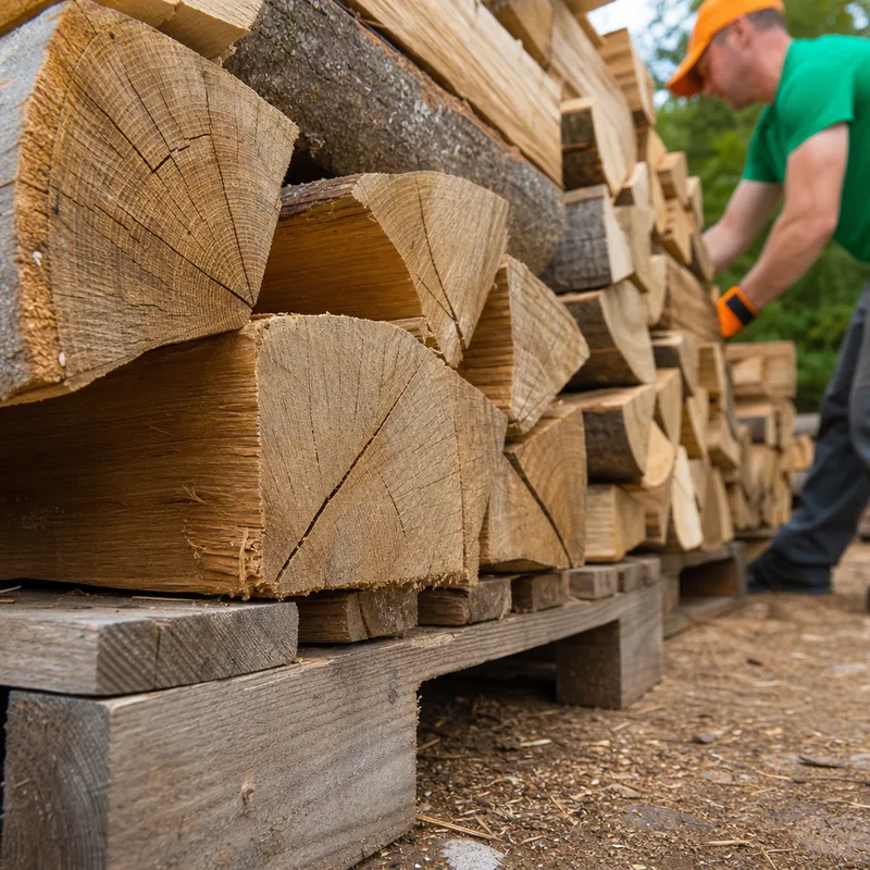 Close-up of properly seasoned split firewood showing end-grain checking and clean splits, stacked on a pallet to keep it off the ground.