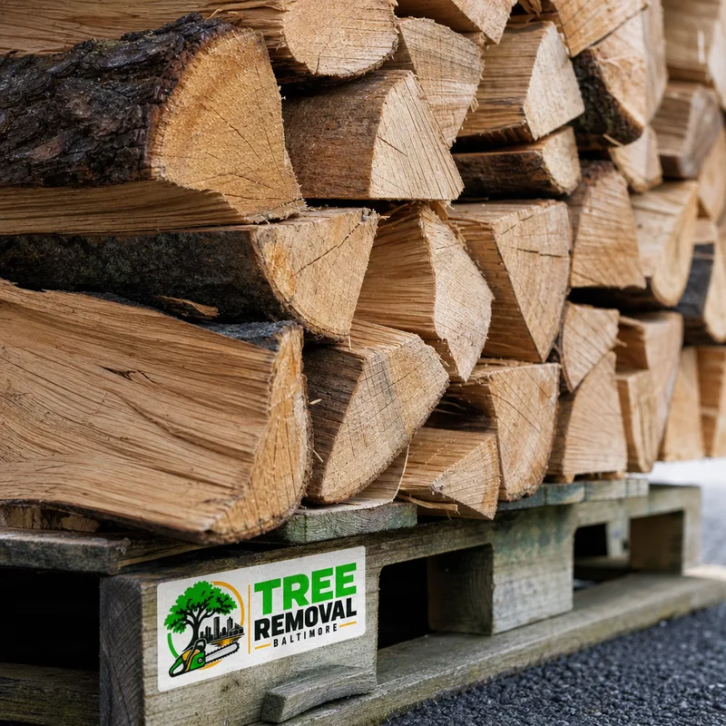 Close-up of properly seasoned split firewood showing end-grain checking and clean splits, stacked on a pallet to keep it off the ground.
