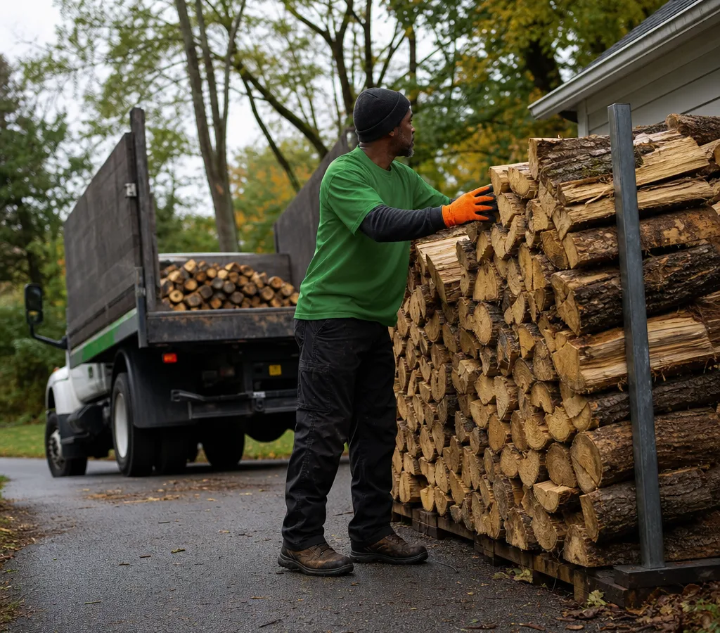 A neatly stacked load of split firewood being delivered to a Baltimore County driveway, with a delivery truck in the background.