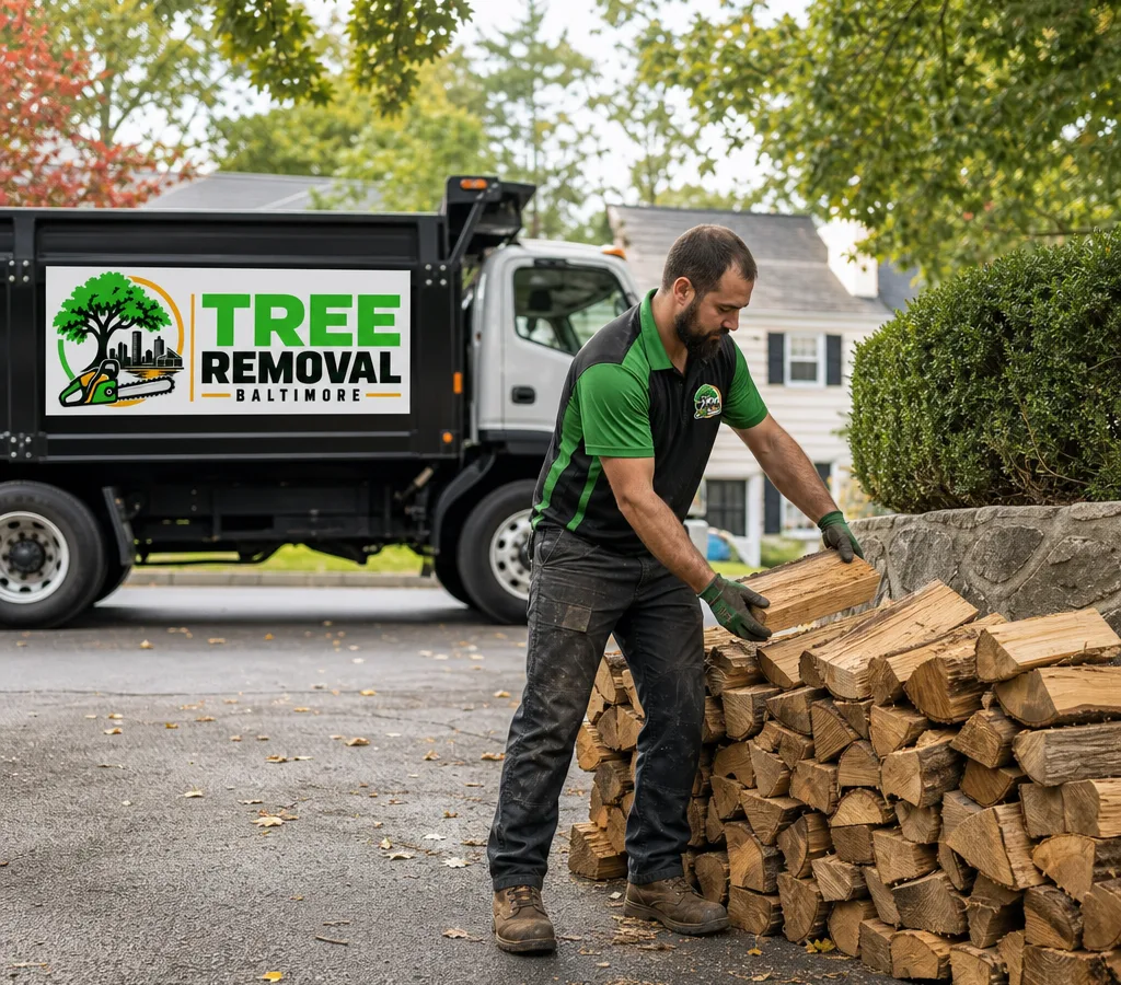 A neatly stacked load of split firewood being delivered to a Baltimore County driveway, with a delivery truck in the background.