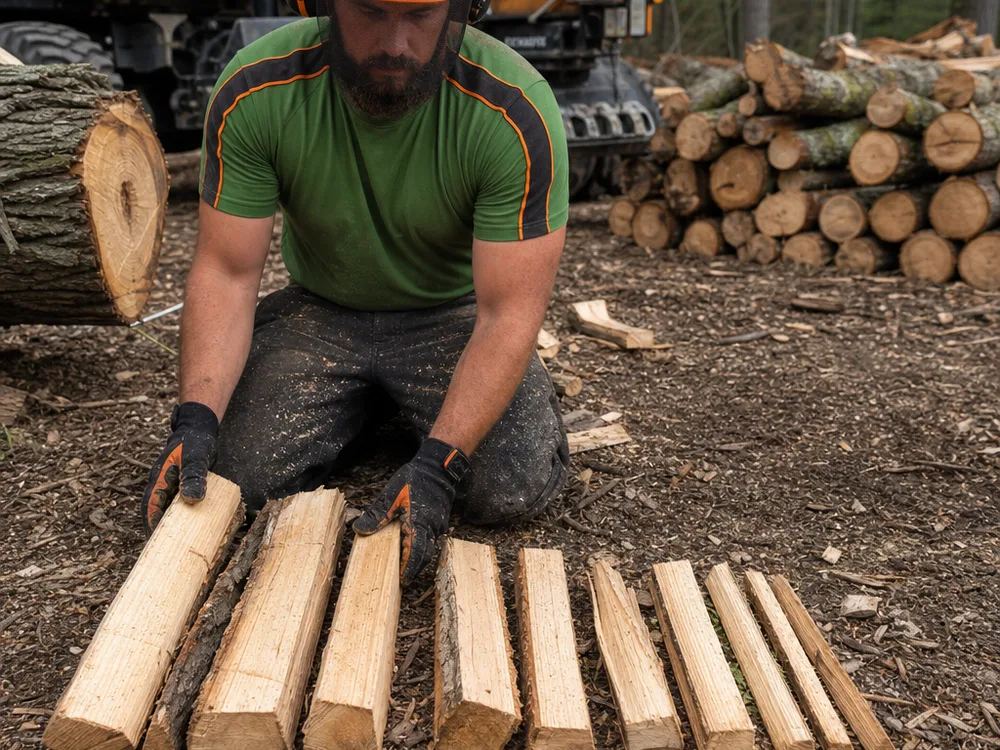 Firewood split sizes laid out to show typical 16-inch length pieces alongside a measuring stick for scale, emphasizing consistency.