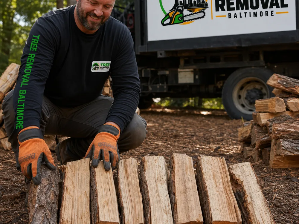 Firewood split sizes laid out to show typical 16-inch length pieces alongside a measuring stick for scale, emphasizing consistency.