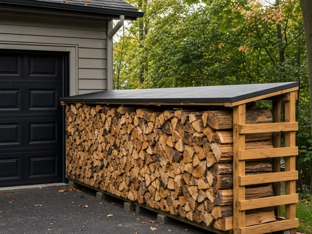 A clean, uniform stack of split firewood under a simple top cover beside a Baltimore-area garage, showing good airflow on the sides.