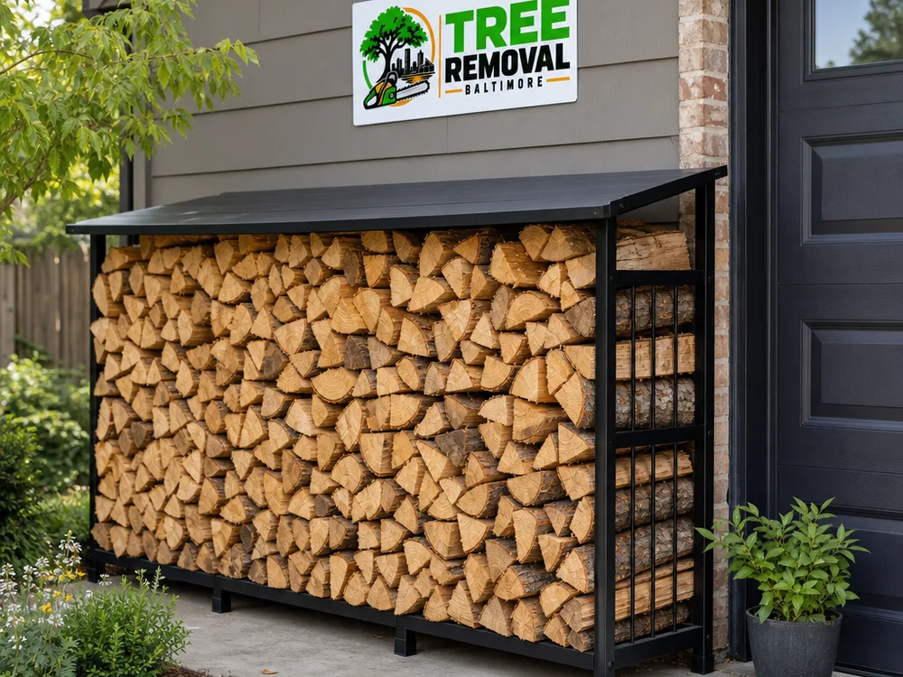 A clean, uniform stack of split firewood under a simple top cover beside a Baltimore-area garage, showing good airflow on the sides.