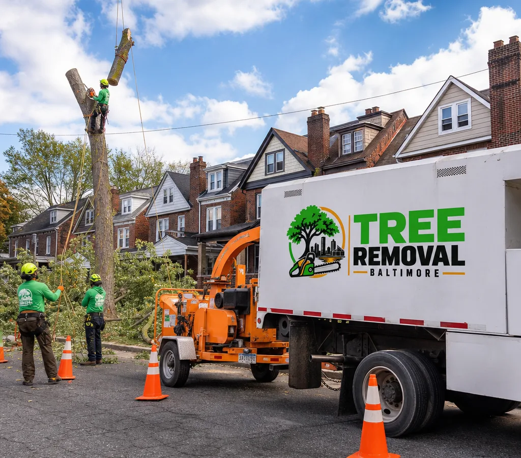 Baltimore tree crew performing a controlled cut with rigging ropes, a safely staged chipper, cones, and a tidy residential street work zone