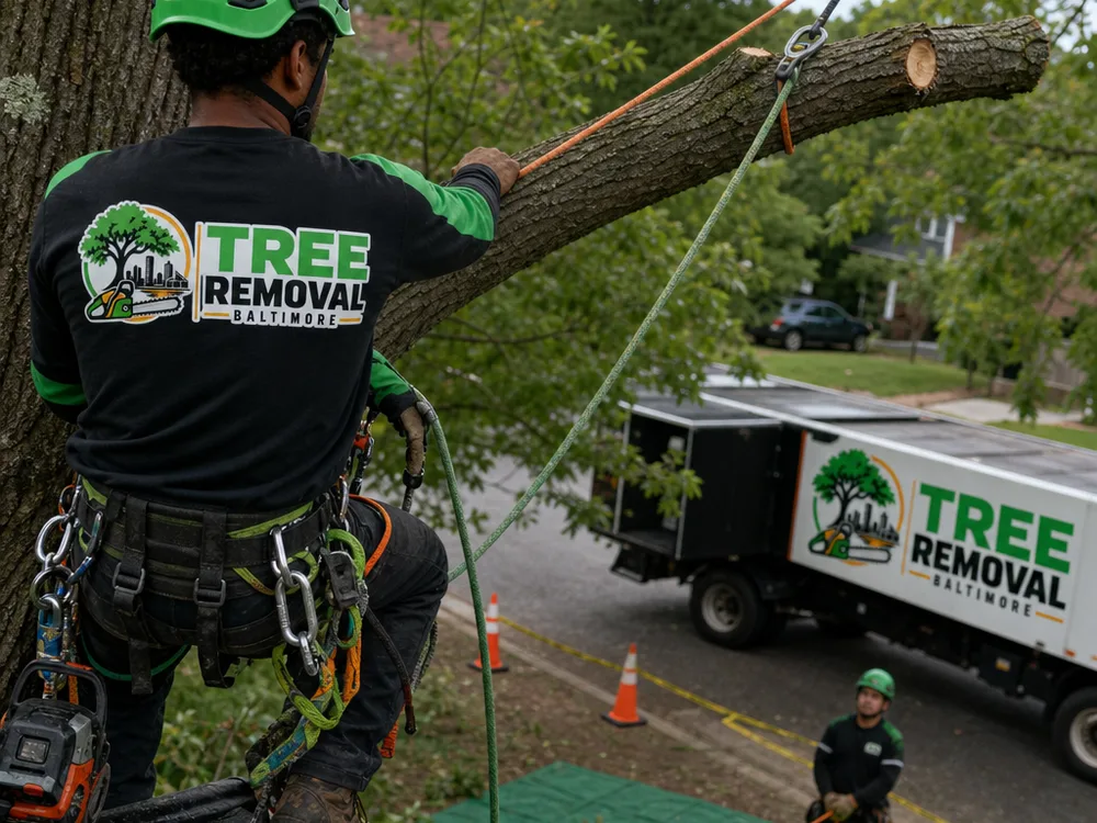 Climber in a harness setting a rigging line and making a controlled cut over a roof while a ground worker manages the rope beside a marked drop zone