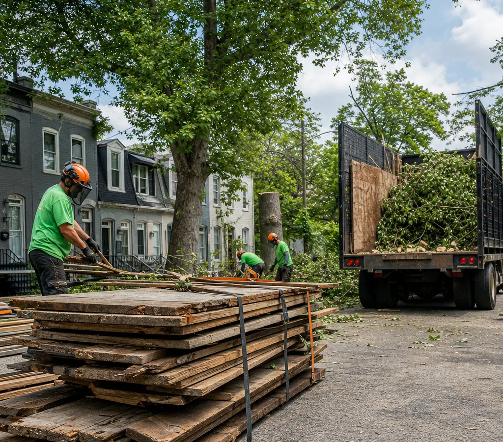 A neat strapped stack of reclaimed boards on a Baltimore jobsite with denailing and sorting in progress, workers in PPE nearby, and a truck staged for loading