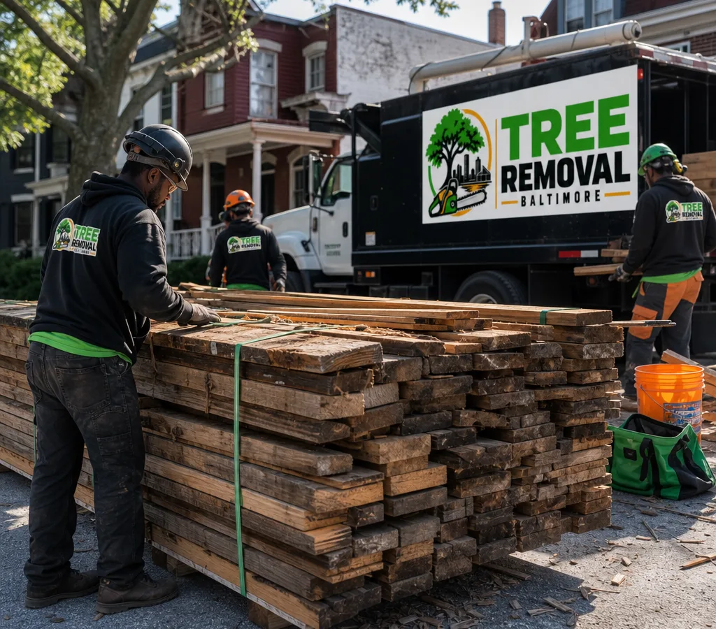 A neat strapped stack of reclaimed boards on a Baltimore jobsite with denailing and sorting in progress, workers in PPE nearby, and a truck staged for loading