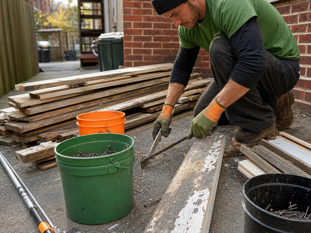 Reclaimed boards being denailed and sorted into labeled stacks by type and length in a compact Baltimore rowhouse alley, with magnet sweep tools and fastener buckets visible