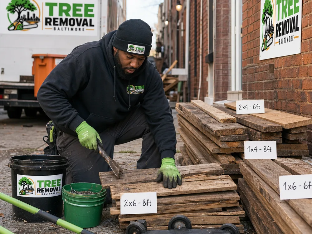Reclaimed boards being denailed and sorted into labeled stacks by type and length in a compact Baltimore rowhouse alley, with magnet sweep tools and fastener buckets visible