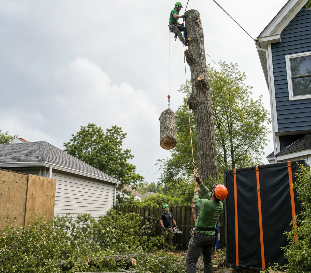 Crew performing a controlled tree removal in a tight Baltimore residential yard with nearby house and fence protection visible and ropes and rigging in use