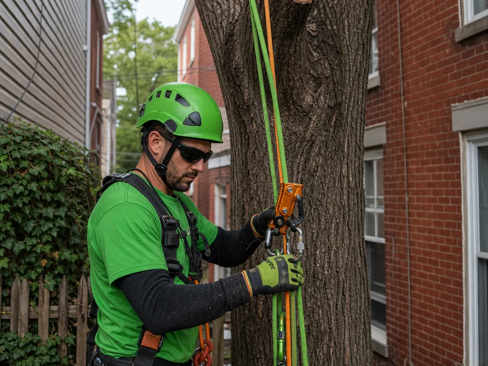 Arborist setting rigging ropes and a lowering device on a tree beside a Baltimore rowhome with limited side-yard access