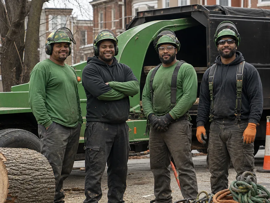 Tree Removal Baltimore crew in PPE beside a chipper and neatly staged rigging gear at a Baltimore City jobsite