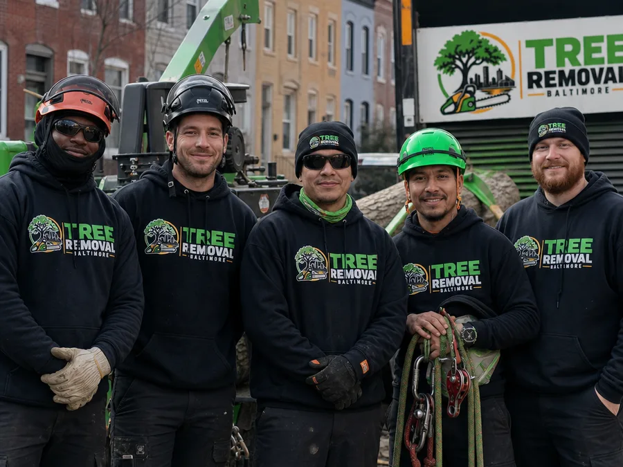 Tree Removal Baltimore crew in PPE beside a chipper and neatly staged rigging gear at a Baltimore City jobsite