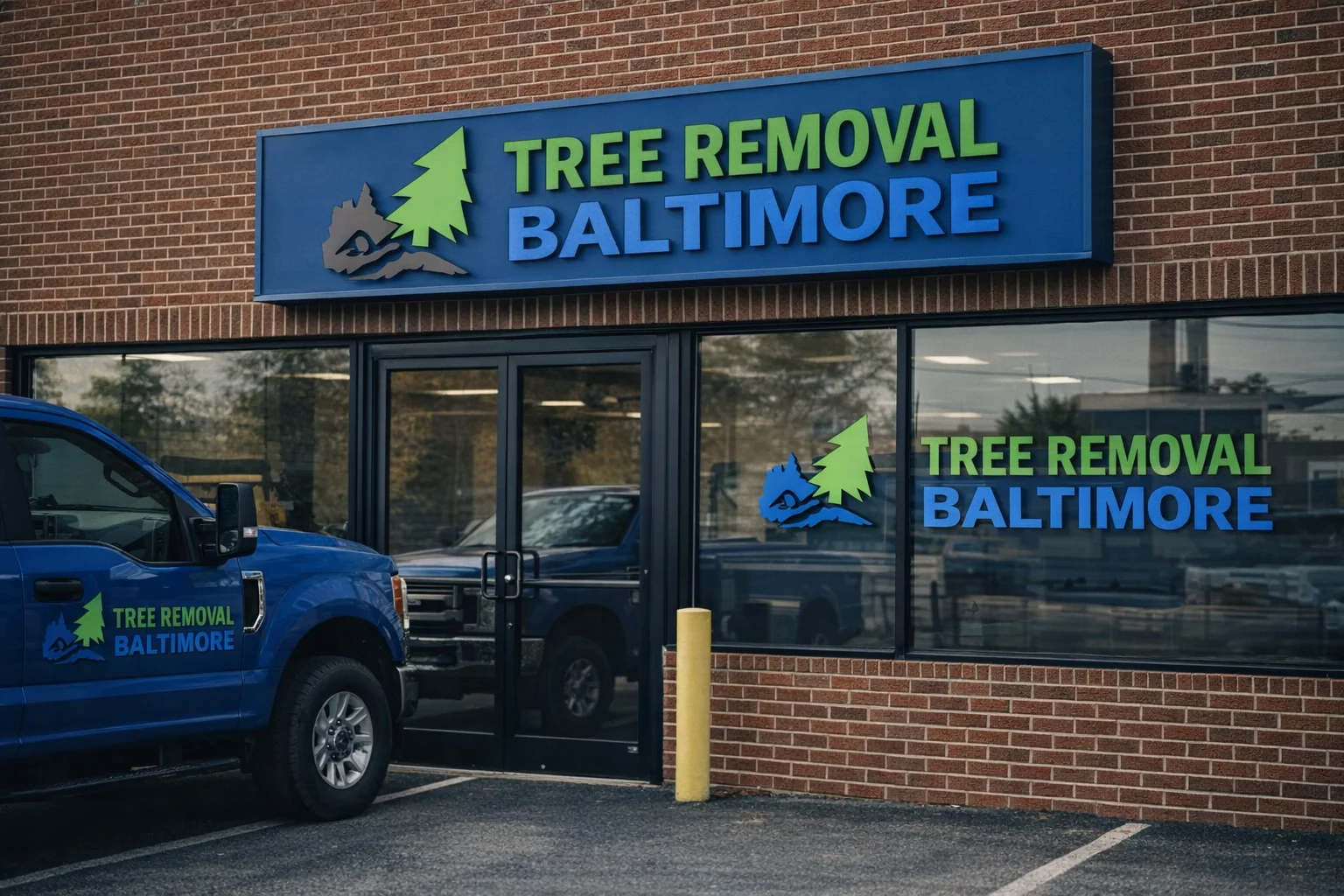 Tree removal crew working on a Baltimore property